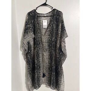 Bon Voyage Snakeskin Print Sheer Kaftan Swim Cover Up Tassel Tie Grey Black OS